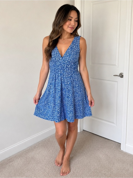 ourin Dresses & Skirts - Blue Floral V-Neck Midi Dress